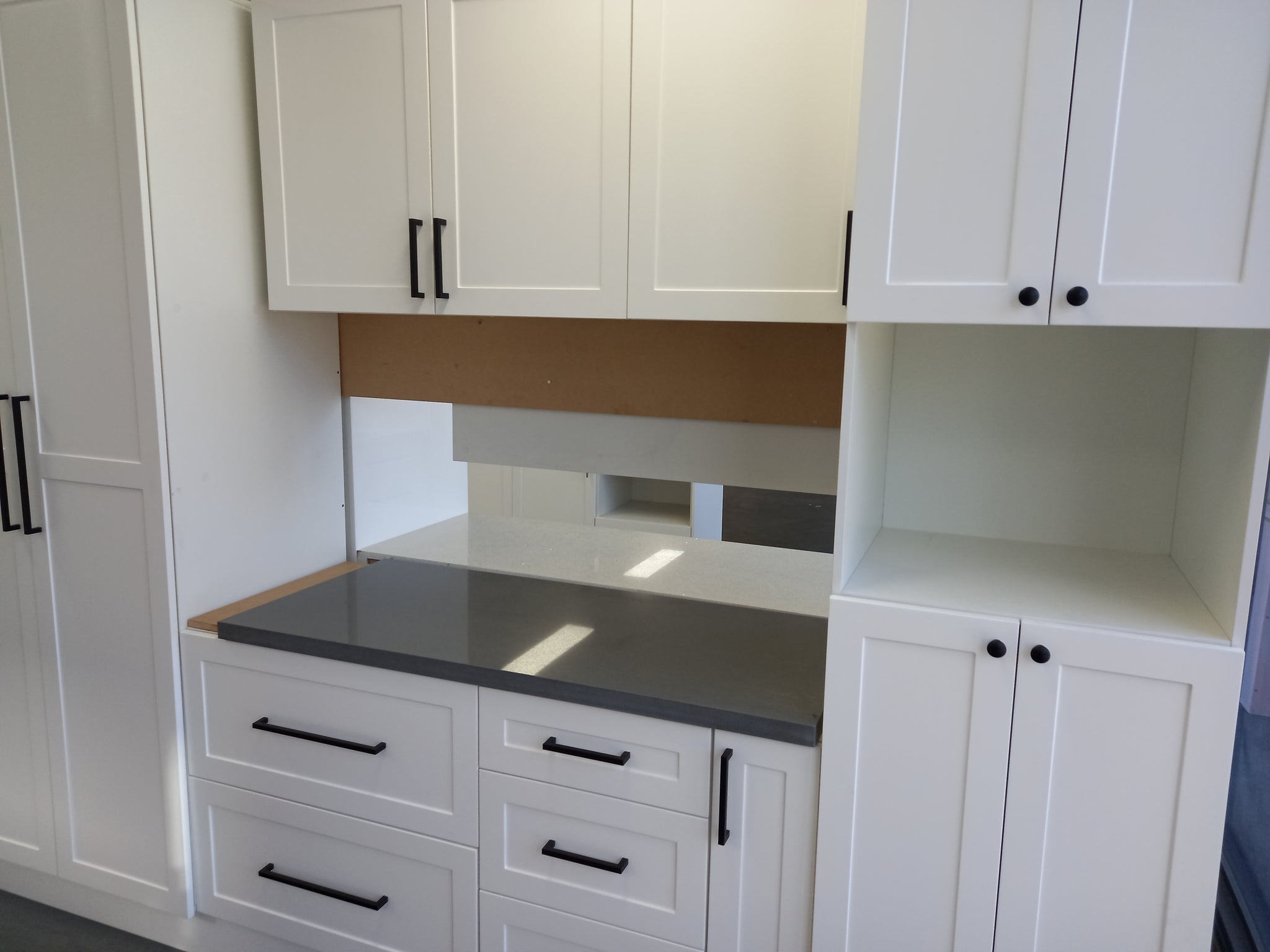 Kitchen cabinet set stone benchtops Galley kitchen Matt white Pantry ...