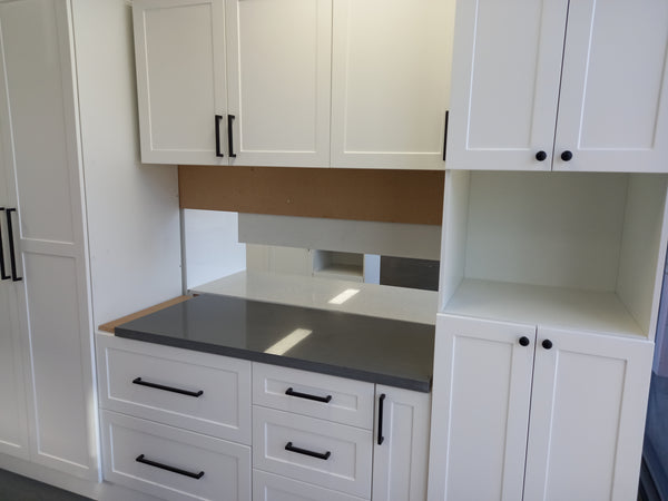 Kitchen cabinet set stone benchtops Galley kitchen Pantry and cupboards Matt white