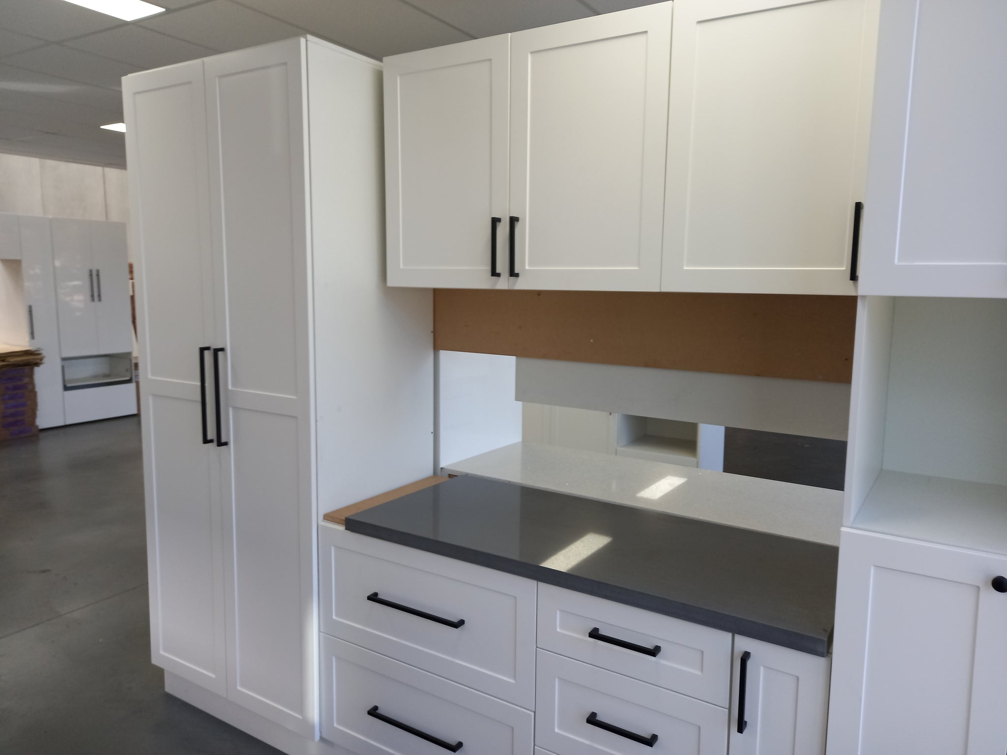 Kitchen cabinet set stone benchtops Galley kitchen Matt white Pantry ...